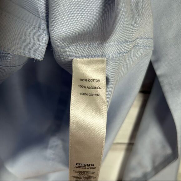 Chico’s No Iron Cotton Oxford Blue Classic Button Down Blouse O/ Small - Picture 10 of 10